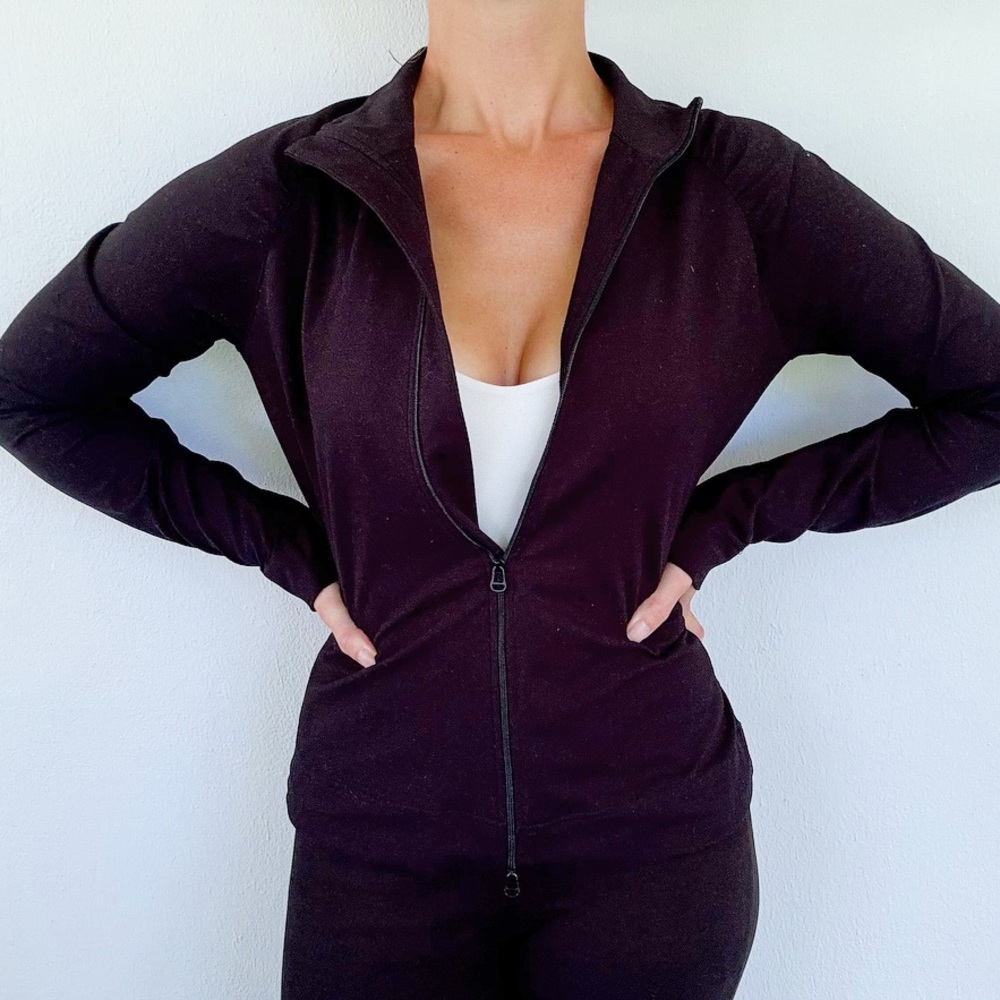 Zella solid black full zip long sleeve stretch athletic track jacket size medium